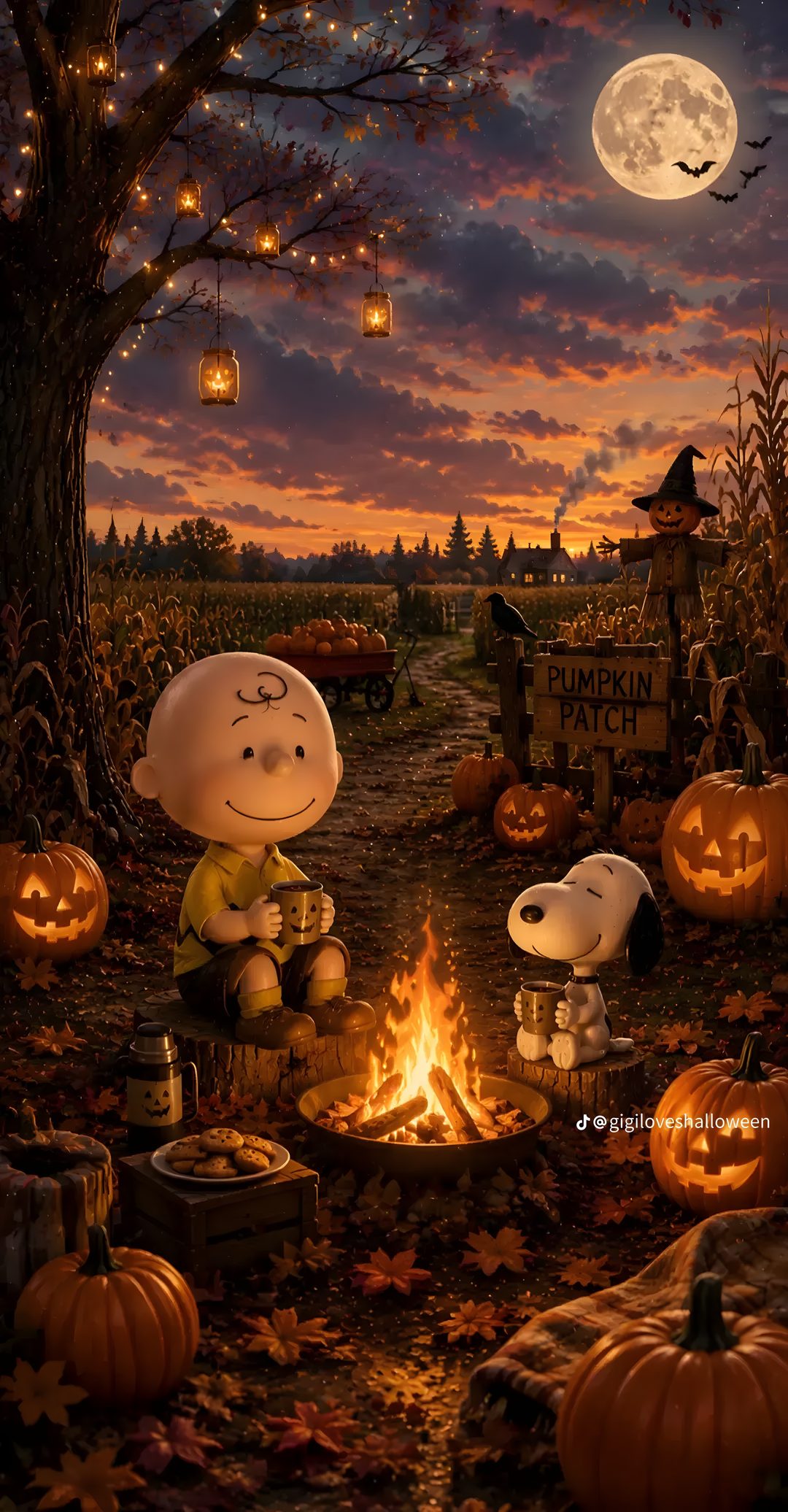 peanuts sitting in front of a campfire with pumpkins and jack - o'- lanterns Charlie Brown Halloween maroon
