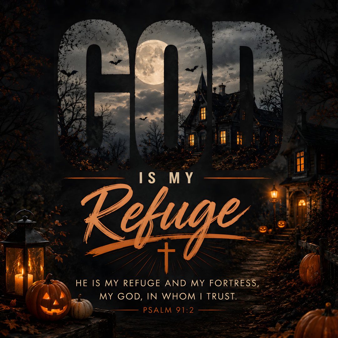 an image of a creepy house with pumpkins on it and the words god is my refuge God Halloween black