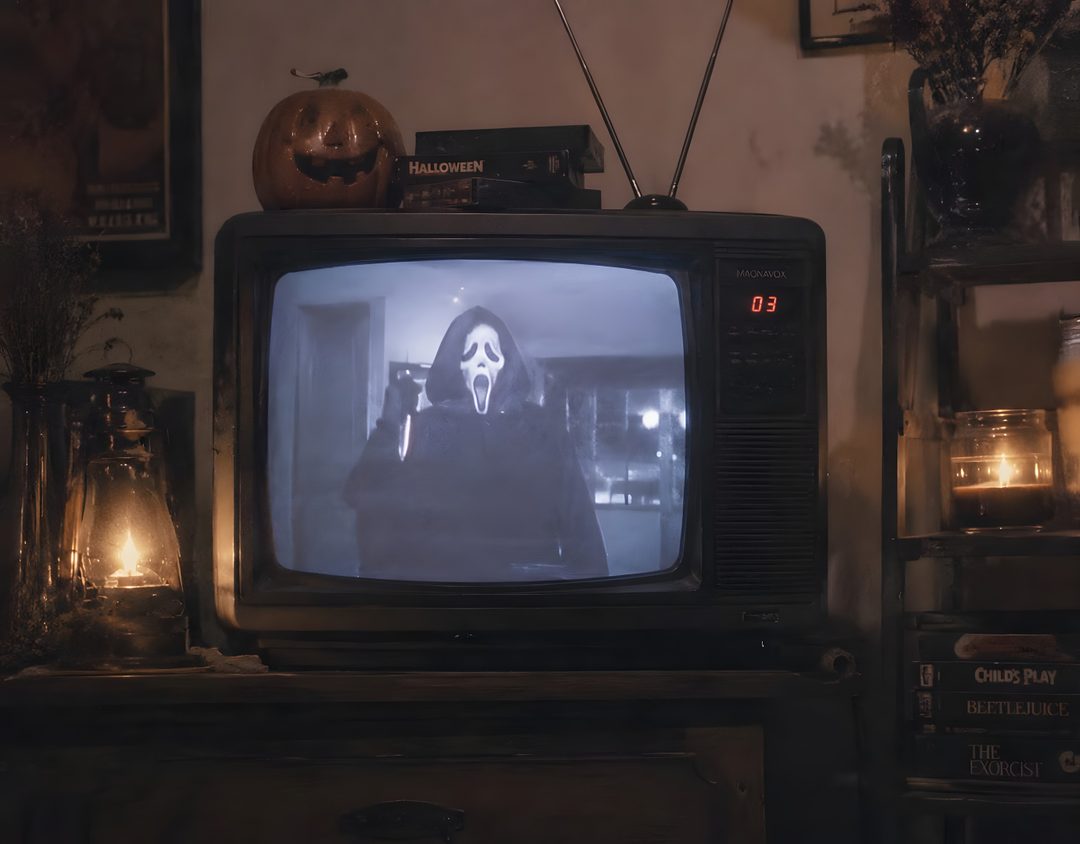 an old tv sitting on top of a wooden dresser in front of a halloween scene Halloween For Tv black