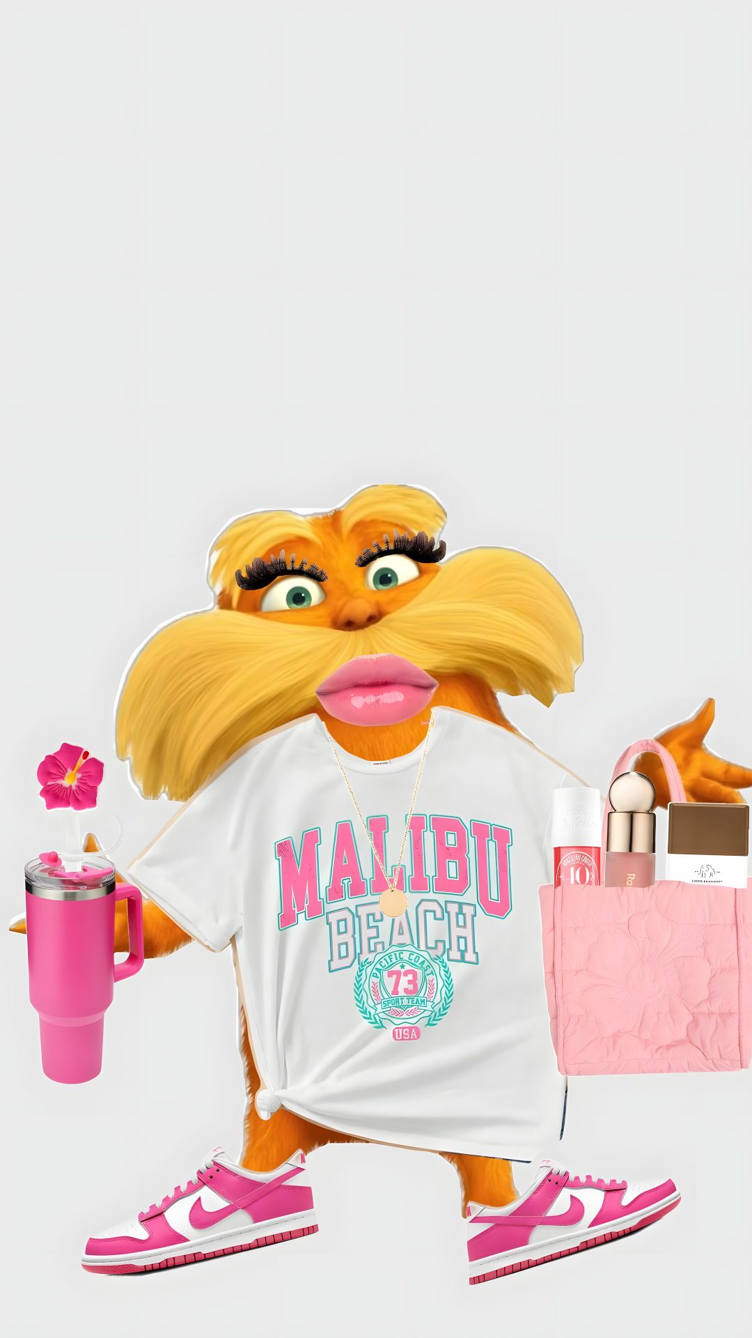 the muppet is holding a pink cup and some items in his hand, while he's wearing a t - shirt that says miami beach Preppy Lorax Halloween gainsboro