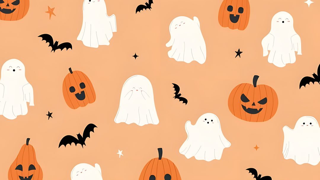 halloween pumpkins and ghost faces on an orange background Preppy Halloween For Laptop burlywood
