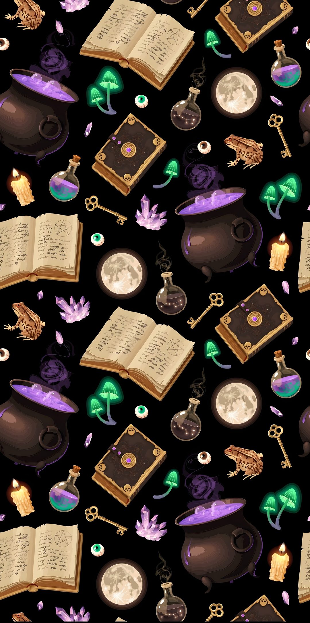 a pattern with books, caulders and other items on it's surface Dnd Halloween Halloween, Witchy Halloween Iphone, black
