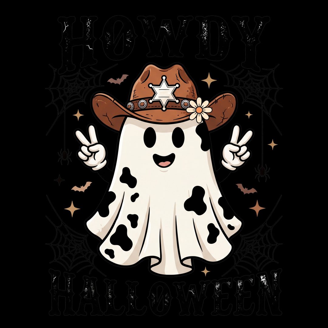 a black and white image of a cowgirl wearing a cowboy hat with stars on it Western Halloween black