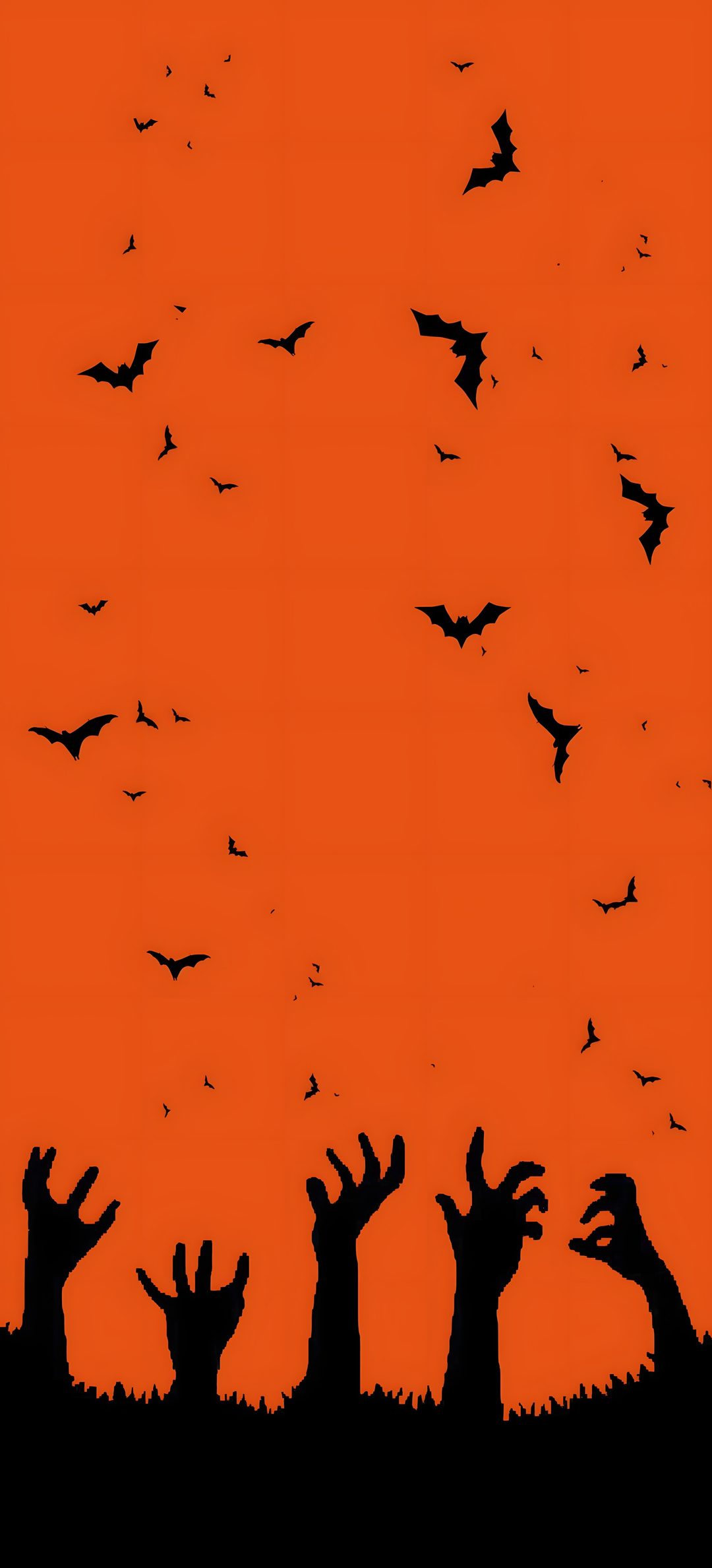 silhouettes of hands reaching up towards birds in an orange sky with bats flying overhead Halloween Vertical Halloween, Phone, chocolate