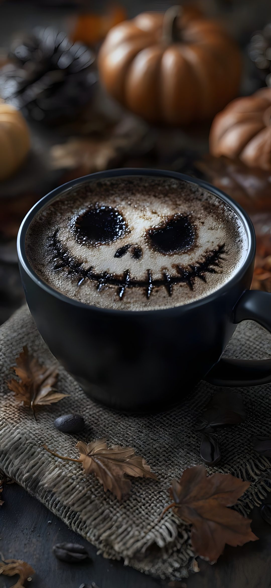 a cup of coffee with a face drawn in it on top of a table surrounded by leaves and pumpkins Halloween Coffee dark slate gray