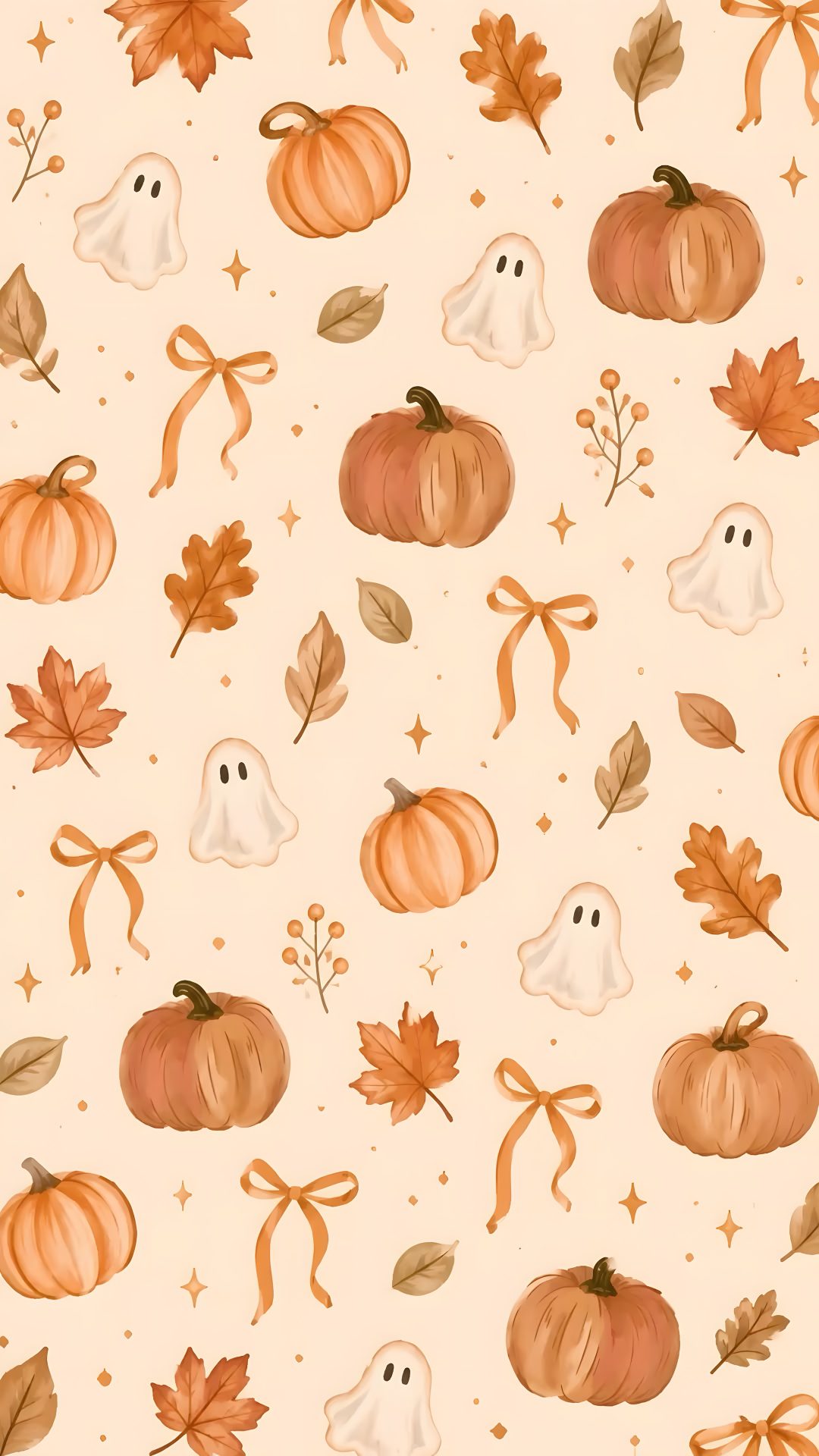 a white background with pumpkins, ghost and leaves Autumn Halloween blanched almond
