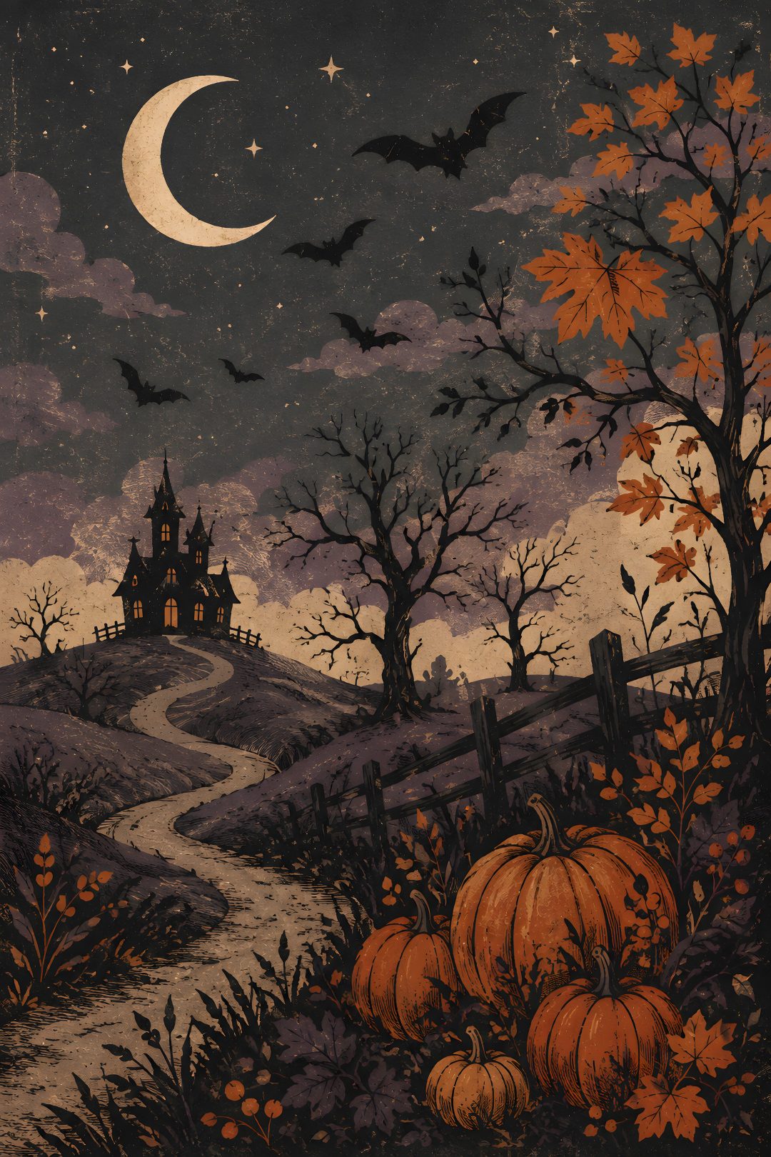a painting of a house on a hill with pumpkins in the foreground and bats flying overhead Spooky Vintage Halloween dark slate gray