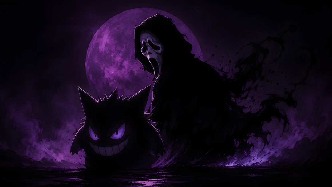 a person in the water with a cat on their back and a full moon behind them Gengar Halloween Ghost Faces, Ghost, Pokemon, Pokémon, black