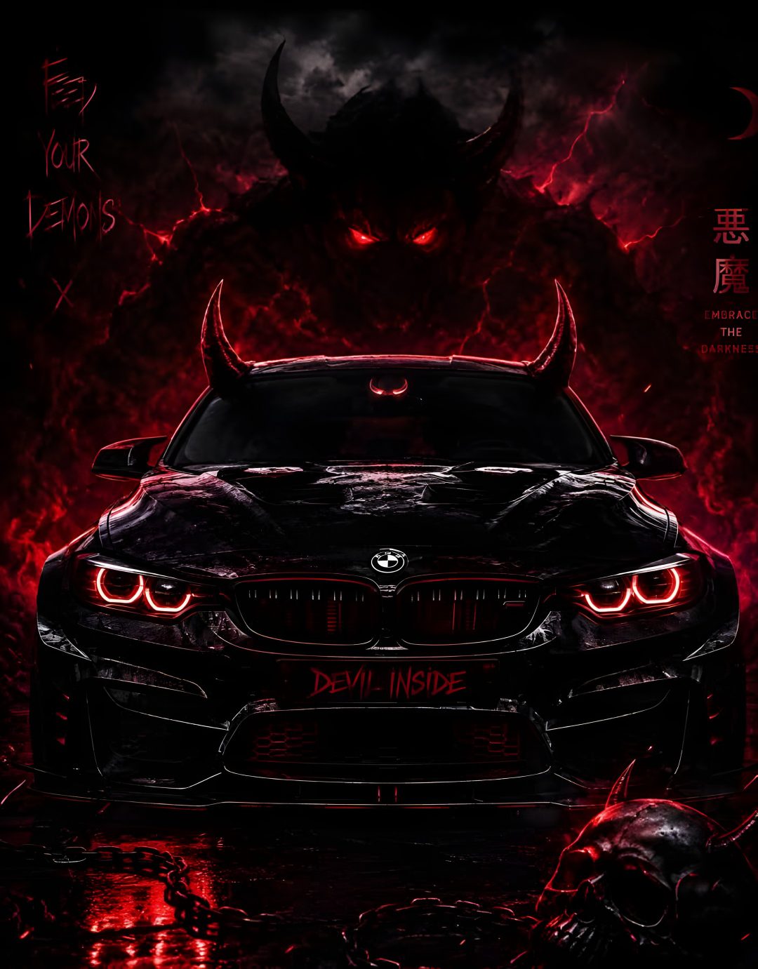 the front end of a black car with red lights and demon horns on it's hood Bmw Halloween black
