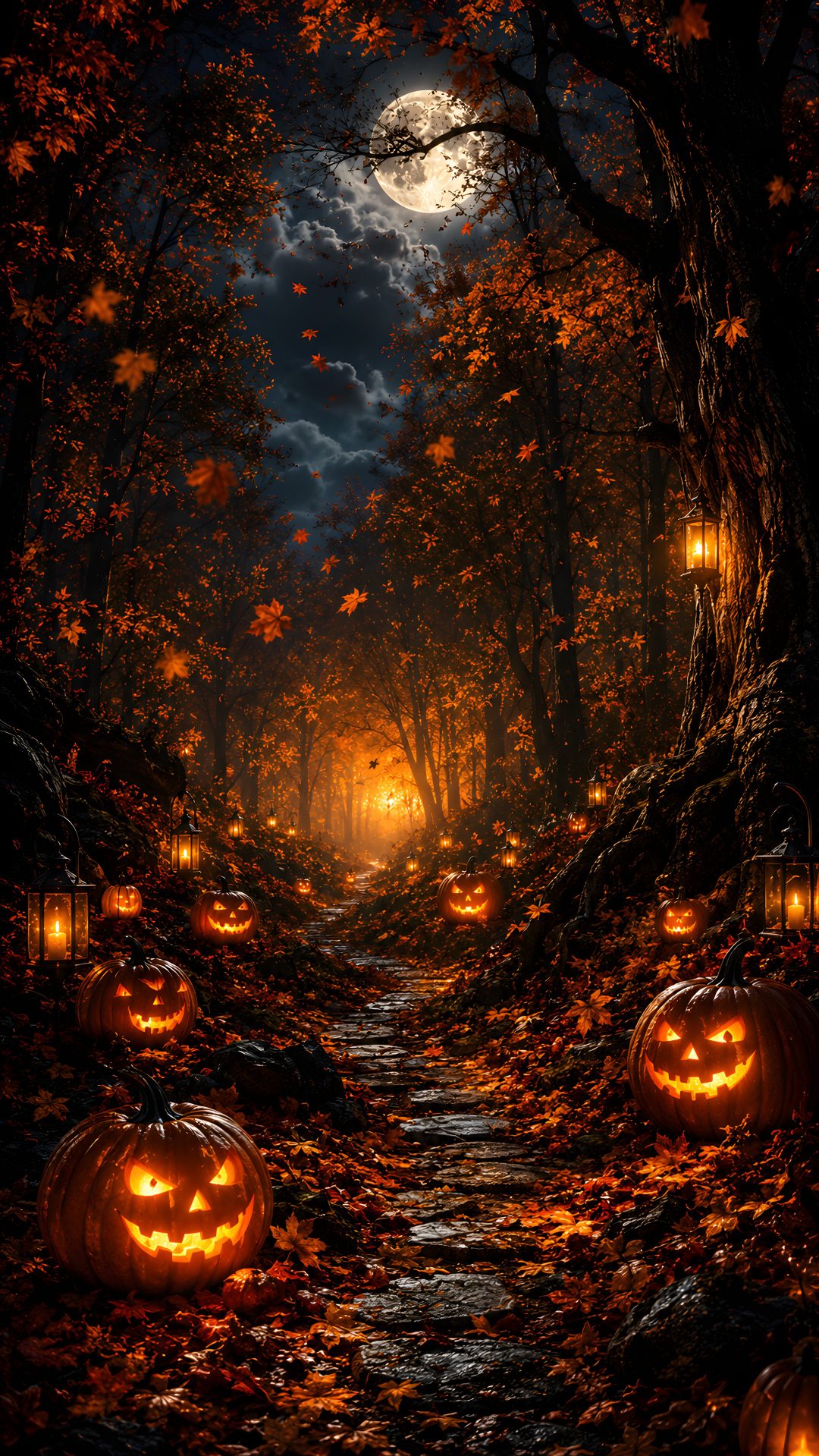 pumpkins lit up in the woods at night Halloween Forest black