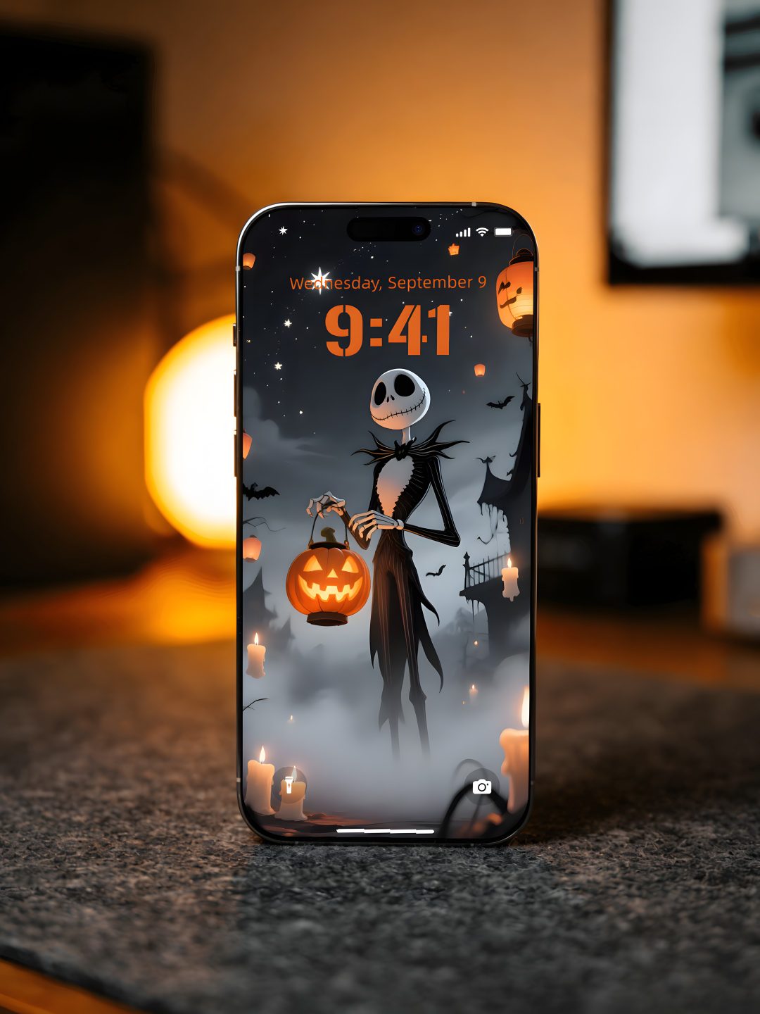 a phone case with a jack skellinger on it sitting on top of a table Modern Smartphone With Halloween Halloween, dark olive green