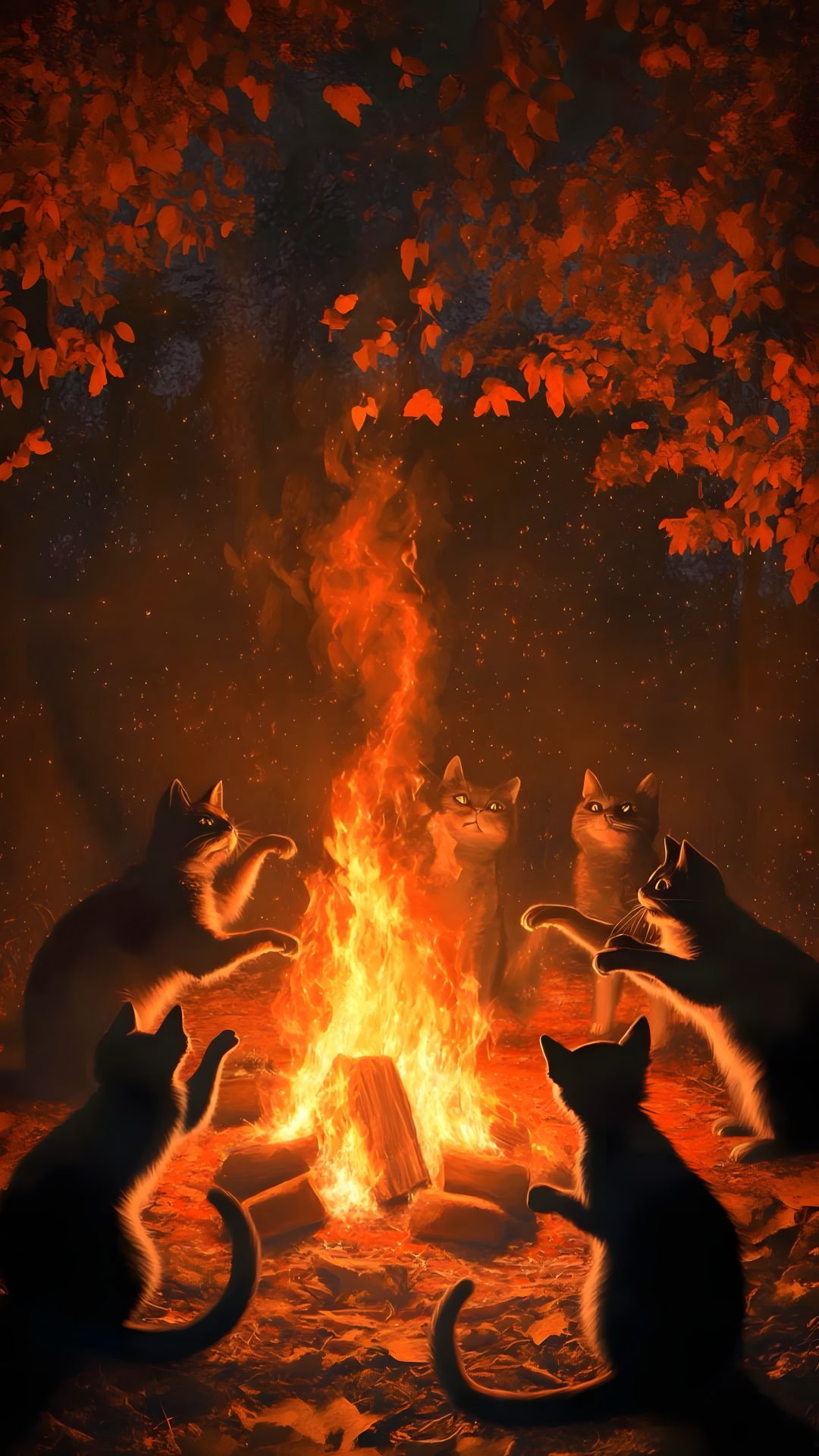 four cats are sitting around a fire in the woods, and one cat is looking at something Halloween Fiery Felines-black Custom maroon