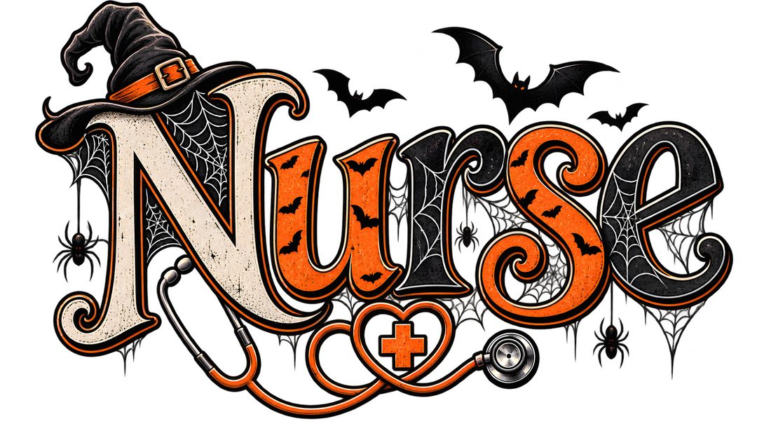 the word nurse is decorated with bats and pumpkins, as well as a witch's hat Nurse Halloween white
