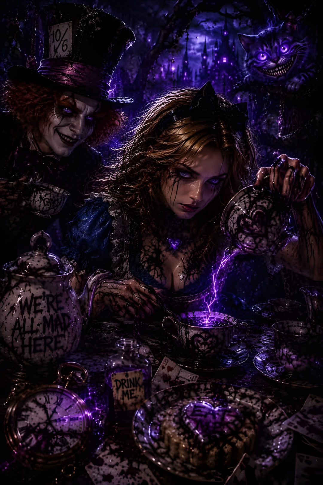 two creepy looking people sitting at a table in the dark with purple lights on them Halloween Alice Custom black