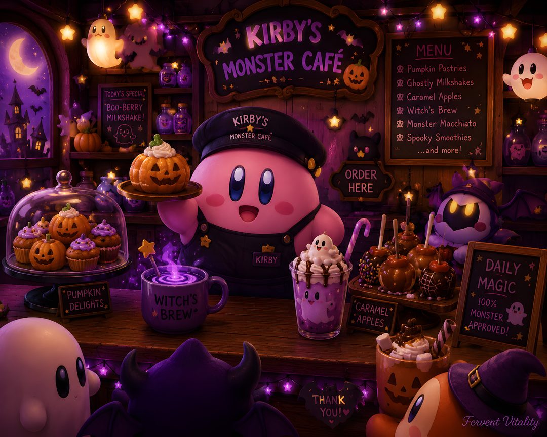 an animated character is standing in front of a table full of halloween treats and desserts Kirby Halloween 4k Mermaid Art, Kirby, Fond D'ecran Dessin, Mermaid, Nintendo, Valentines, black