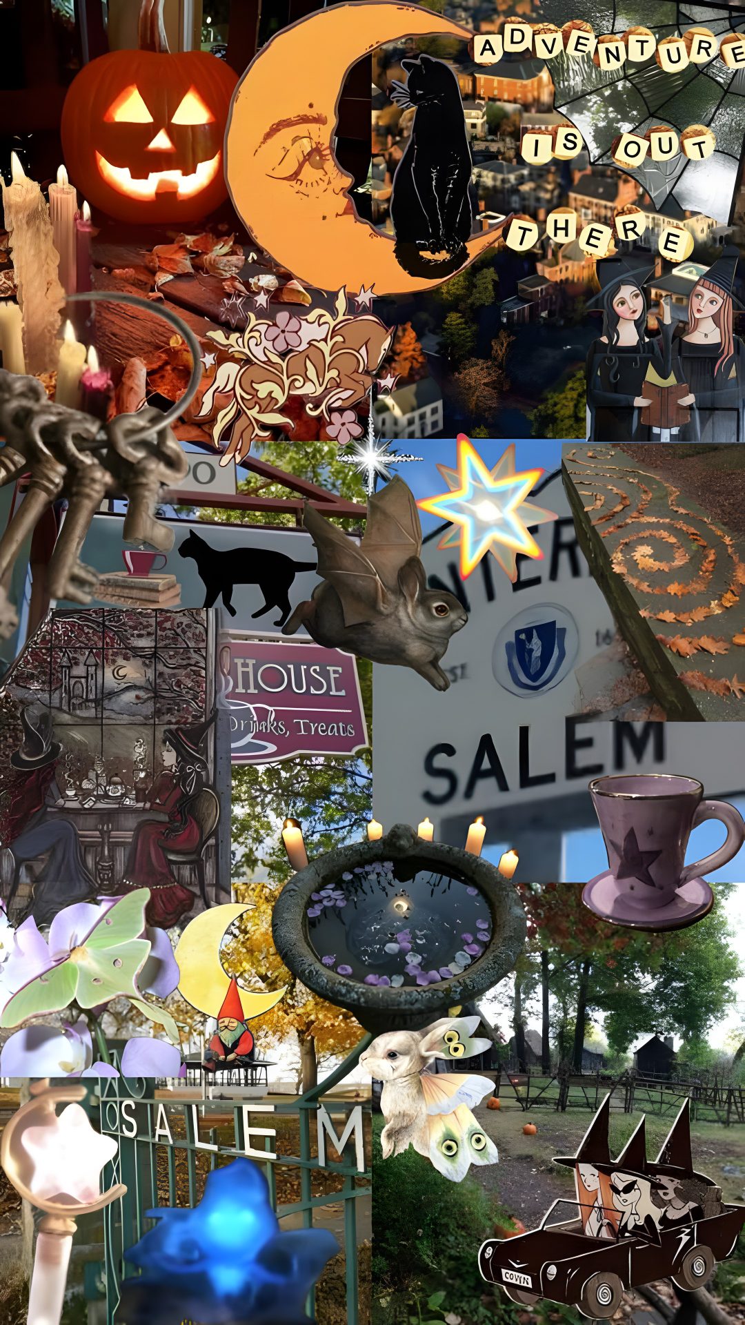 a collage of halloween images with pumpkins, witches and other things in them Salem Halloween Aesthetic dark olive green