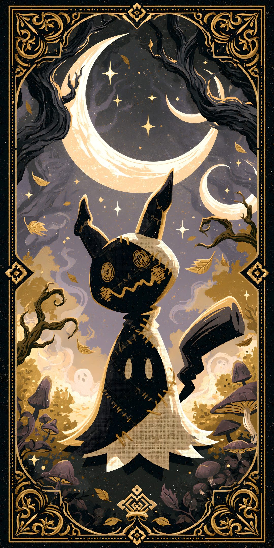 an illustration of a black cat standing in front of a full moon and stars background Halloween Umbreon dark olive green