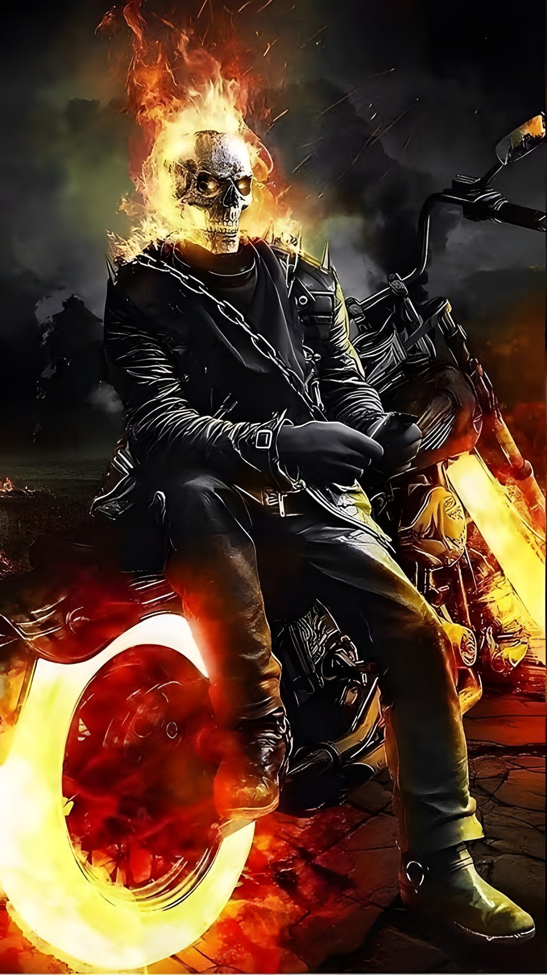 a man riding on the back of a motorcycle with flames coming out of his face Halloween Motorcycle black