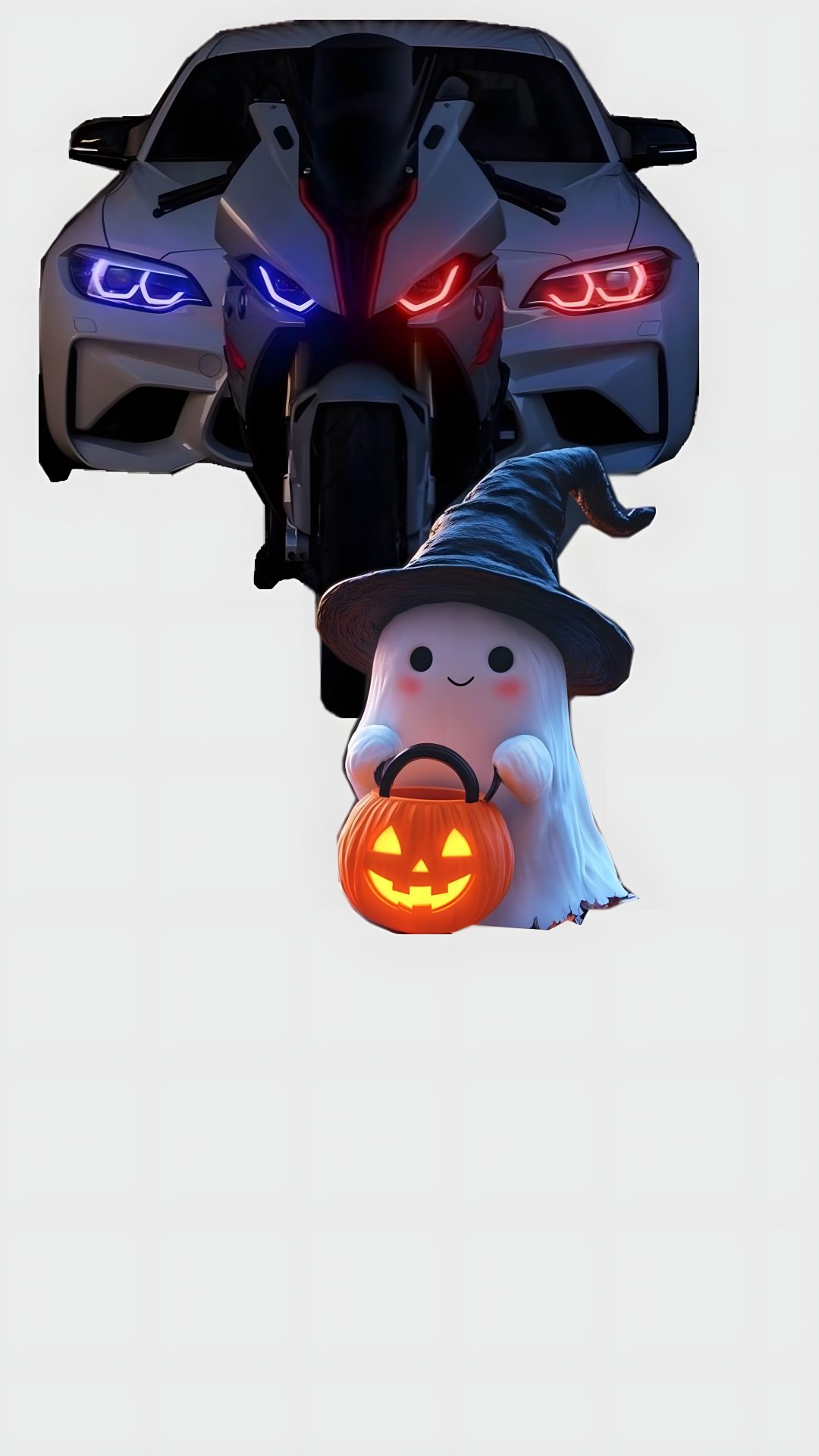 a car with two pumpkins in front of it and a ghost on the back Bmw Halloween gainsboro