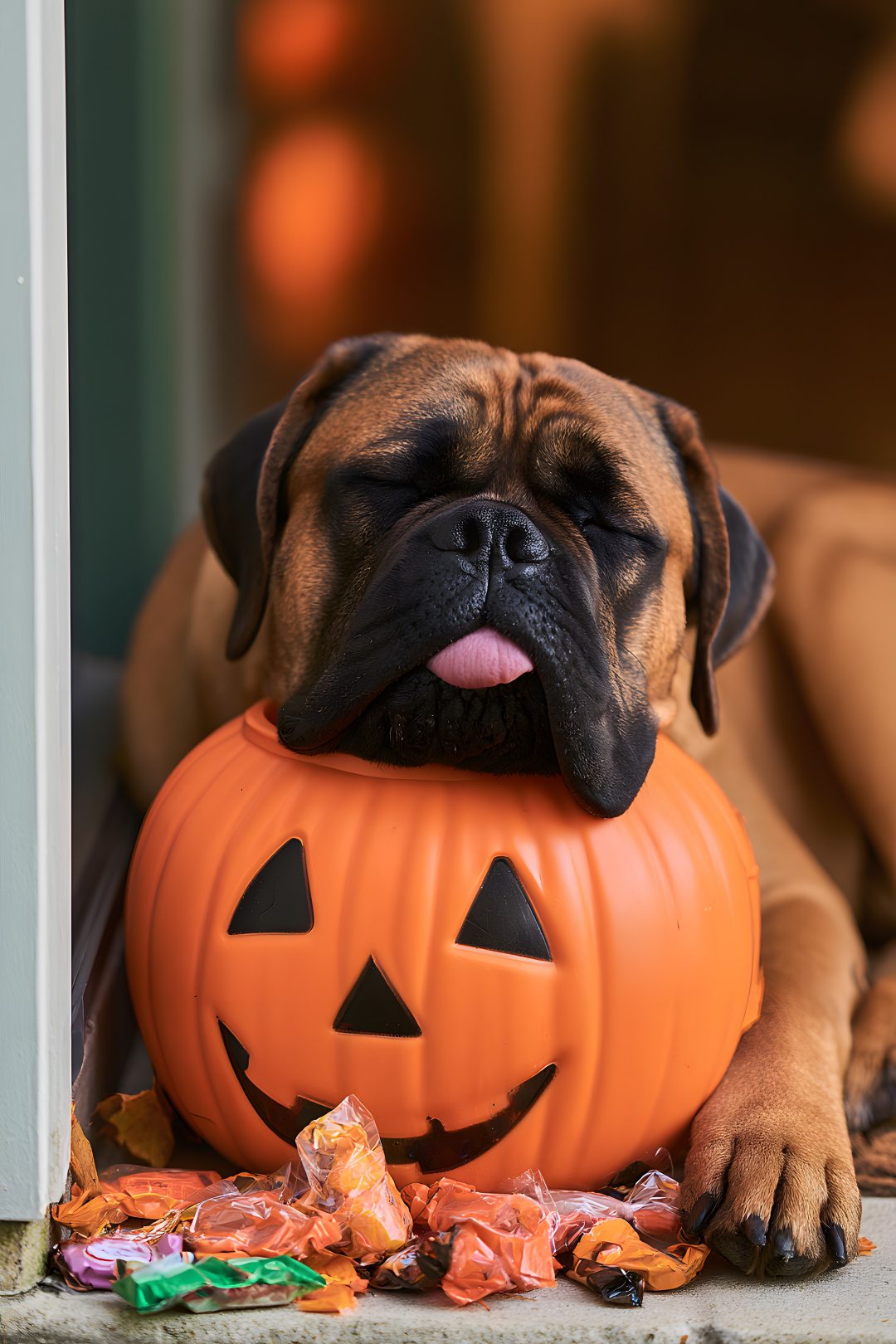 a dog laying on the ground next to a pumpkin with its mouth open and tongue out Halloween Boxer Dog saddle brown