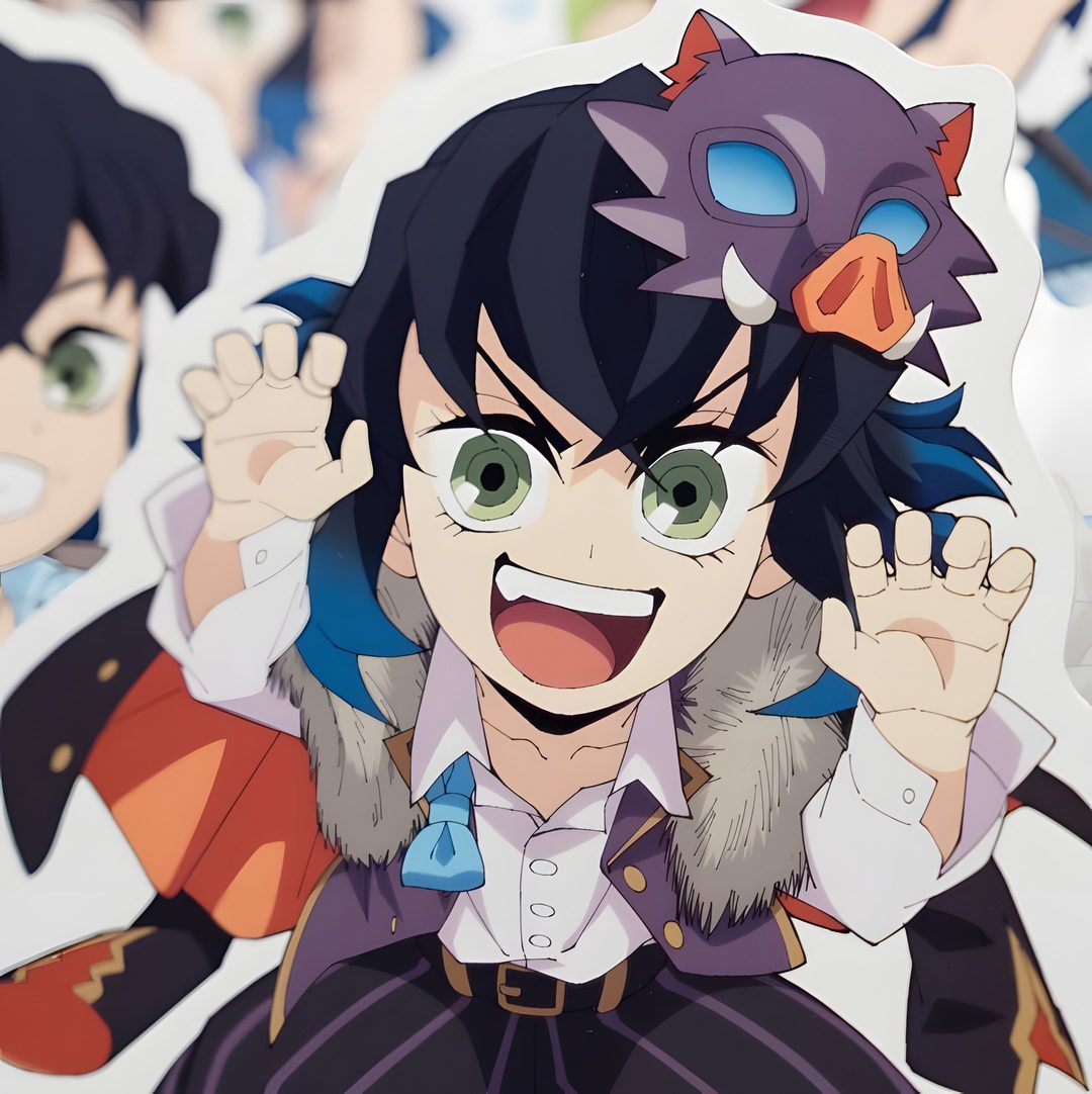an anime character holding up his hands in front of other characters and smiling at the camera Inosuke Halloween rosy brown