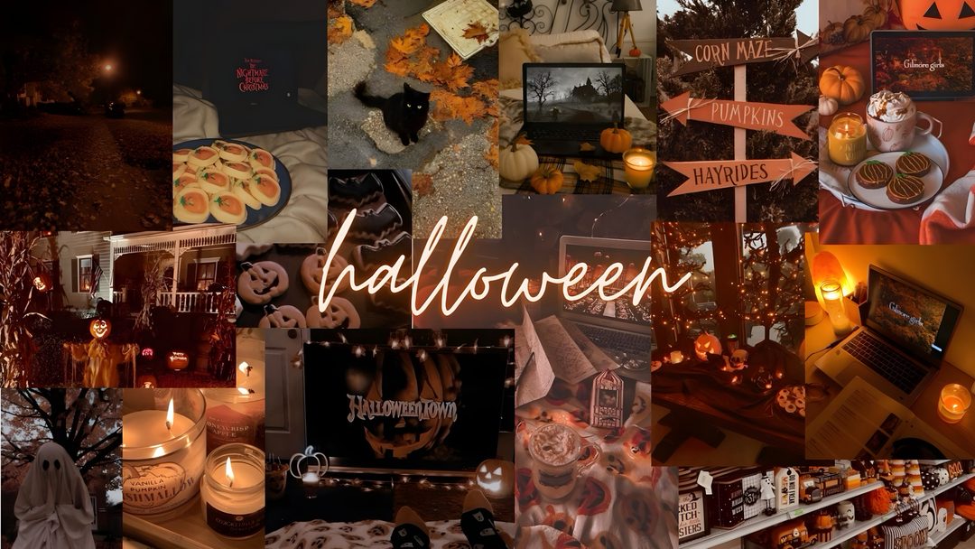a collage of halloween images with candles and pumpkins in the center, surrounded by other pictures Halloween Tumblr saddle brown
