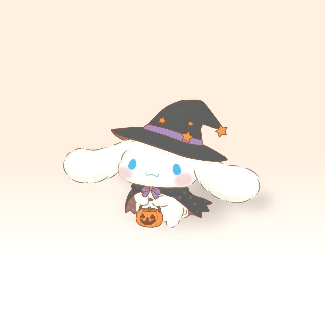 a cute little white rabbit wearing a witches hat and holding a jack - o'- lantern Cinnamoroll Halloween Ipad Halloween, linen