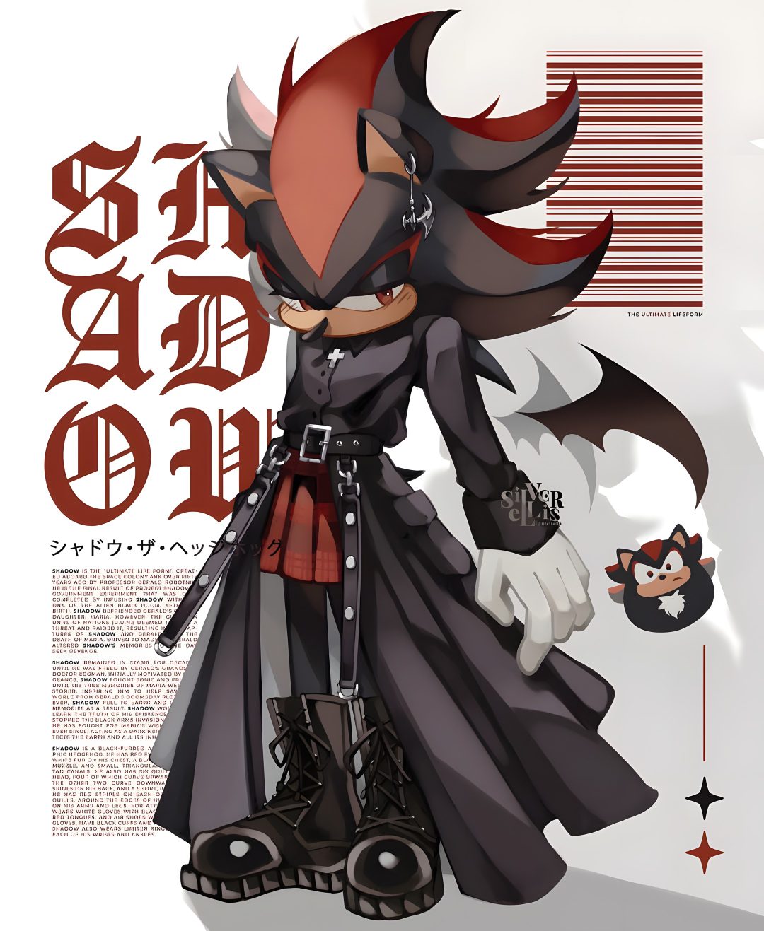 an anime character with red hair and black clothes, standing in front of a white background Shadow The Hedgehog Halloween dark gray