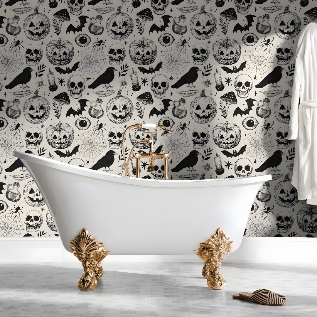 a white bath tub sitting next to a halloween themed wall Halloween Themed Bathroom dark gray