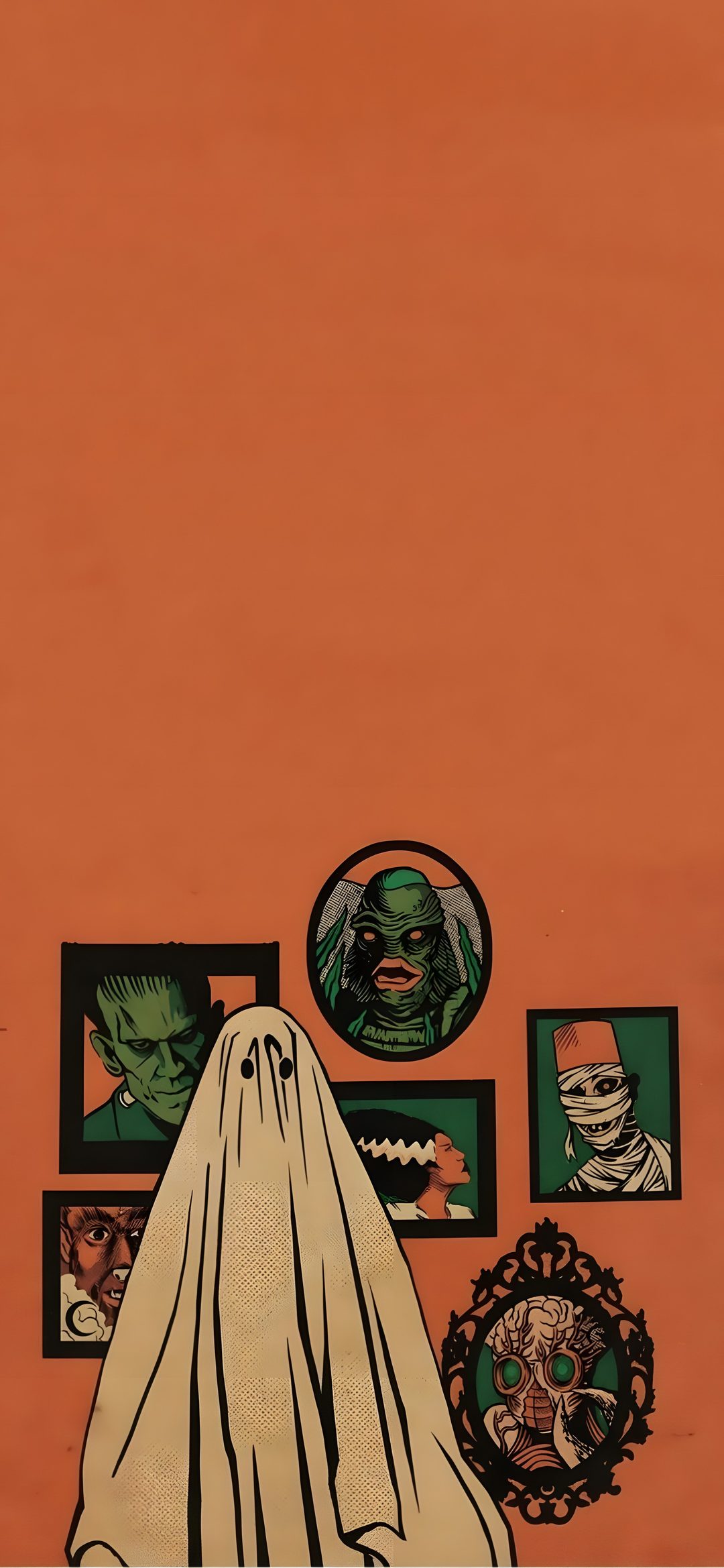 an orange wall with pictures on it and a ghost in the corner Retro Halloween Orange sienna