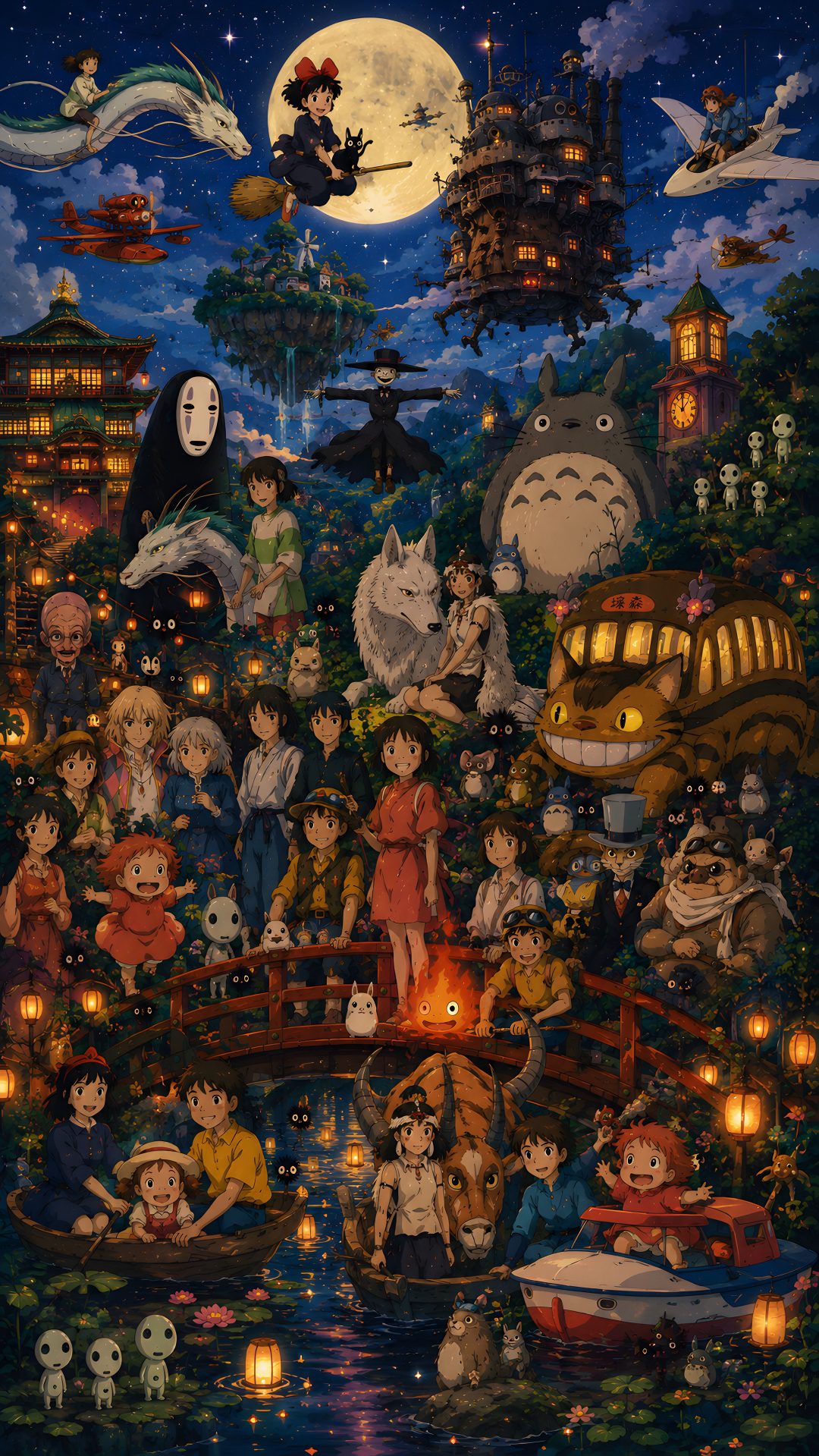 a painting with many people and animals in the background, all surrounded by candles at night Ghibli Halloween dark slate gray