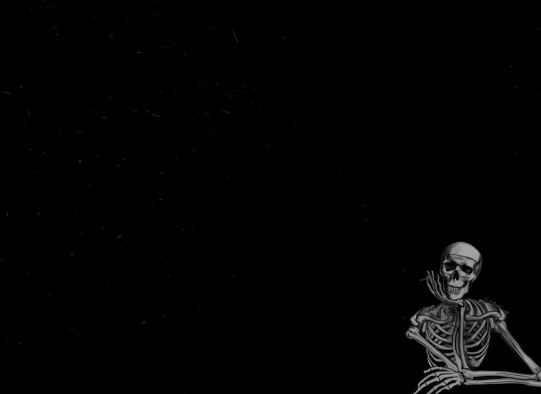 a skeleton sitting on top of a wooden bench in the dark with its arms outstretched Halloween Skeleton Desktop black