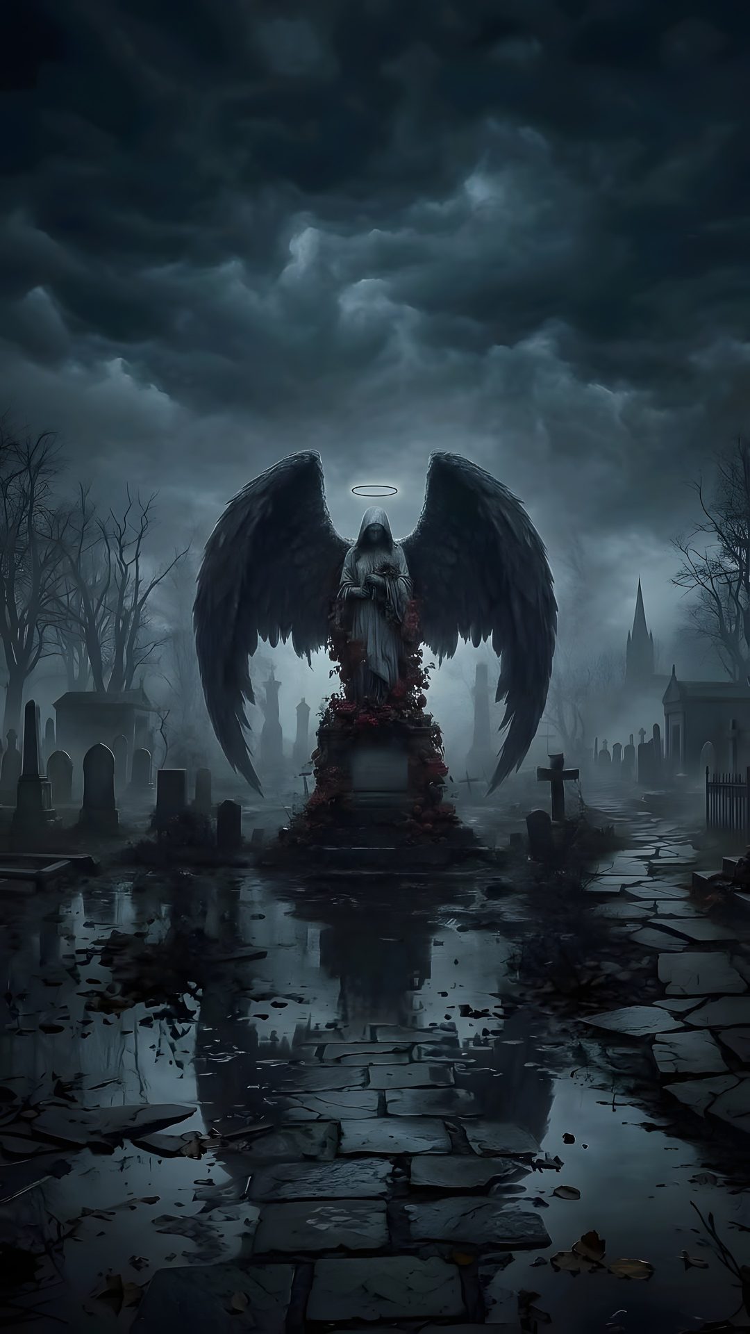an angel with large black wings sitting on top of a grave in the middle of a cemetery Halloween Angel dark slate gray
