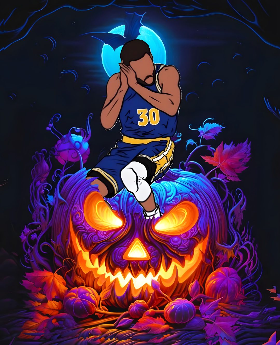a basketball player sitting on top of a pumpkin in front of a full moon with his hands to his face Halloween Nba black