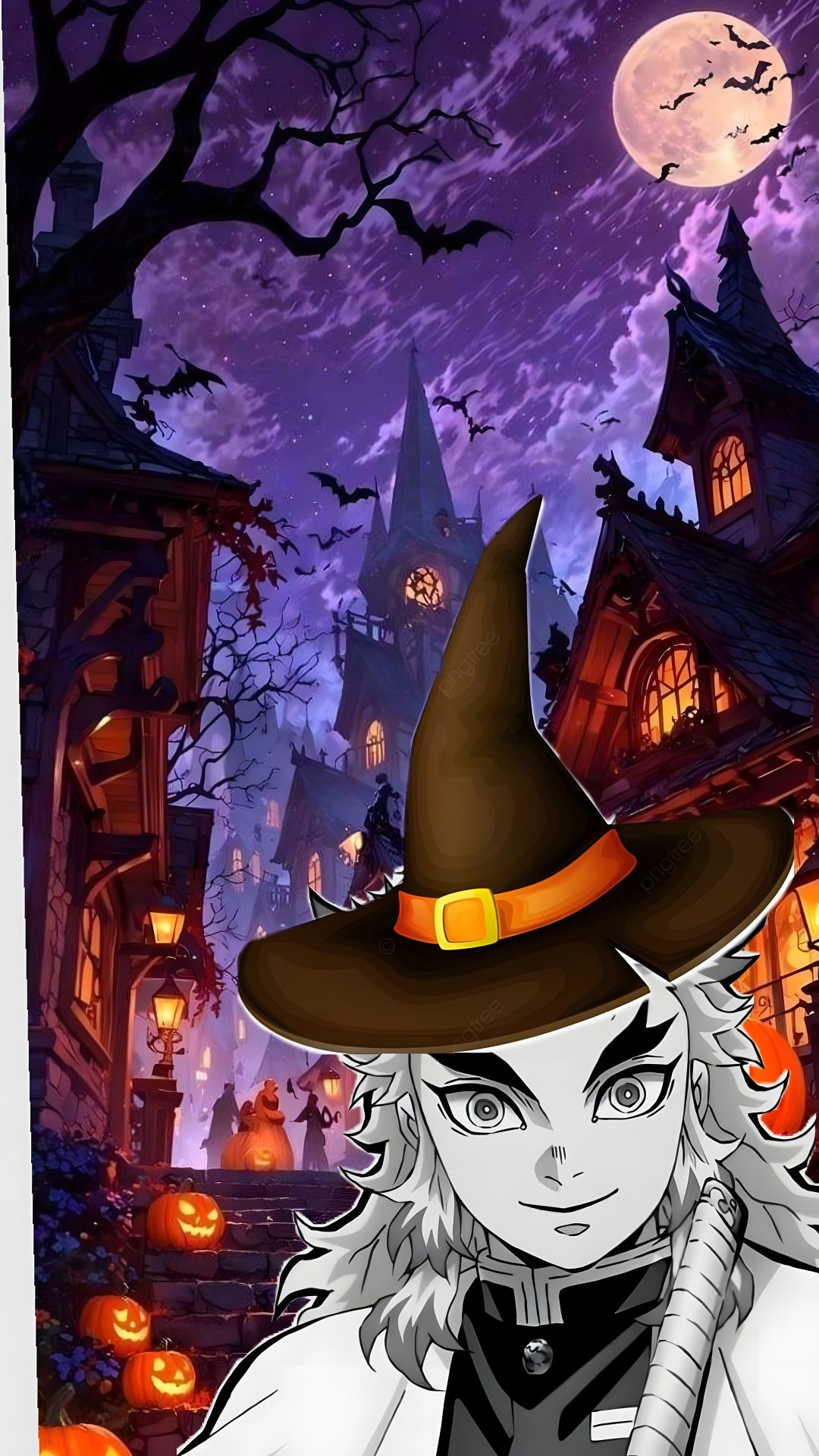 a woman wearing a witches hat in front of a house with pumpkins on it Rengoku Halloween dark slate gray