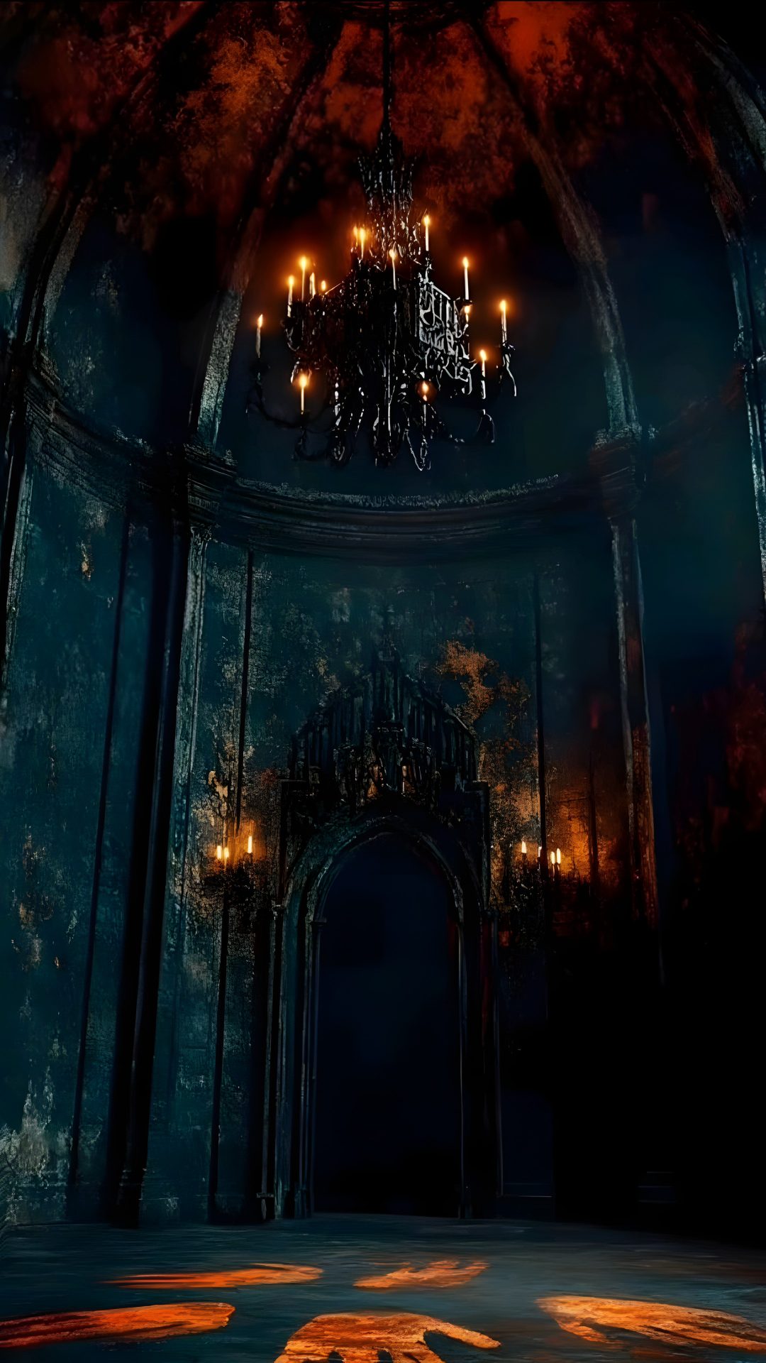 a chandelier hanging from the ceiling in a dark room filled with candles and lights Halloween Chandelier black