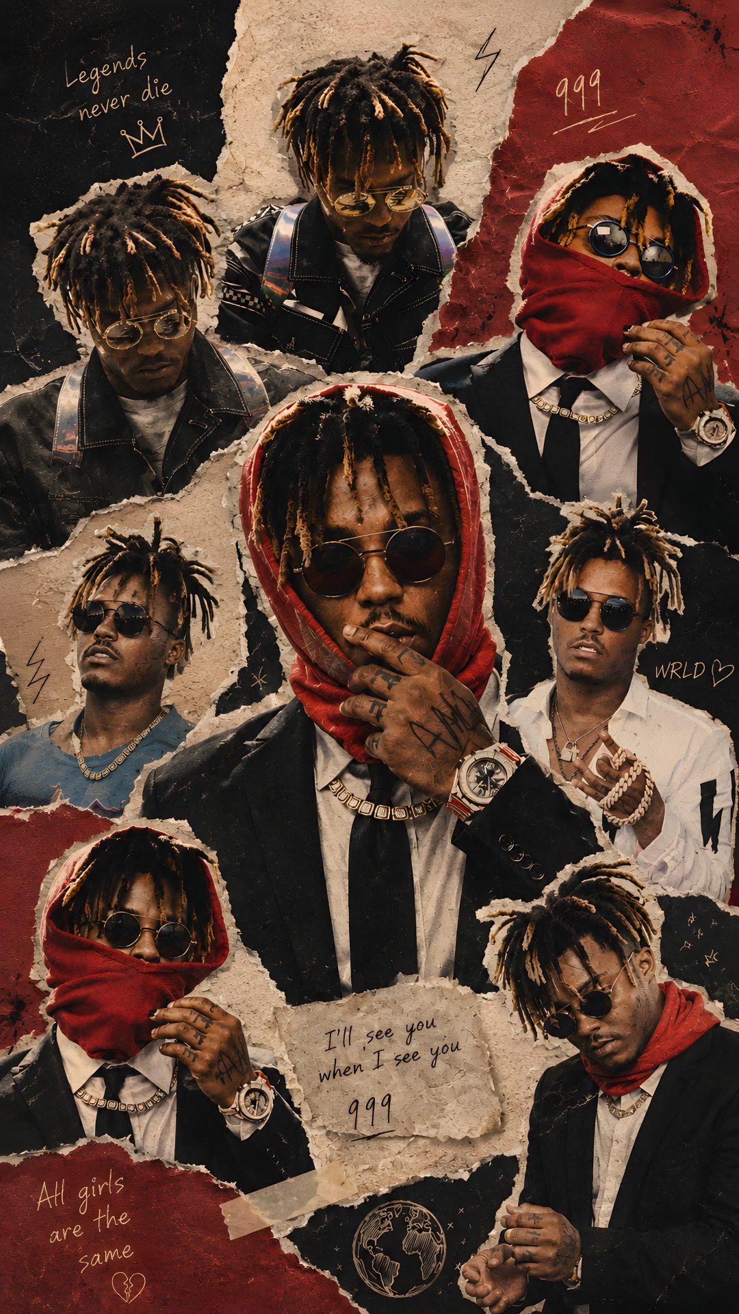 a collage of photos with men in suits and red bandannas on them Halloween Juice Wrld saddle brown