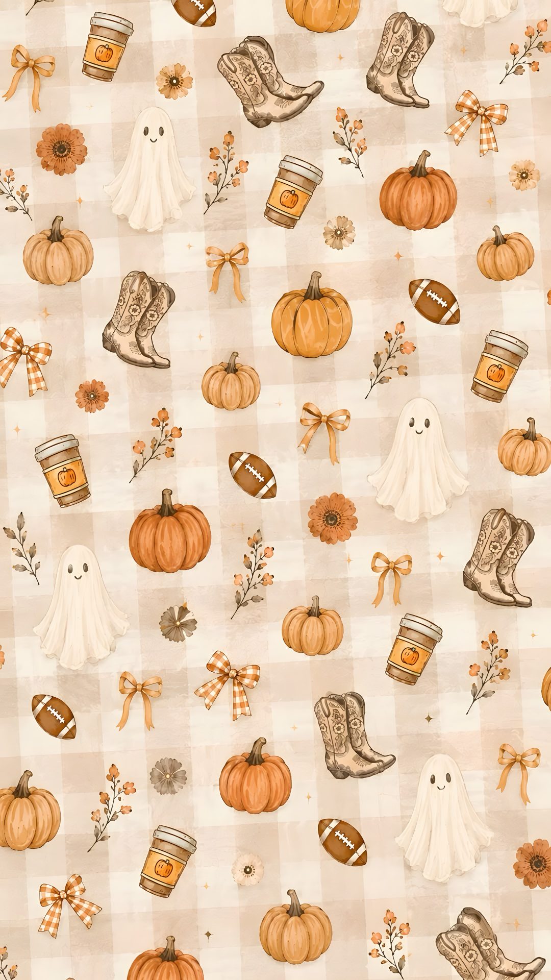 a pattern with pumpkins, boots and other items on it's fabric background Country Halloween wheat