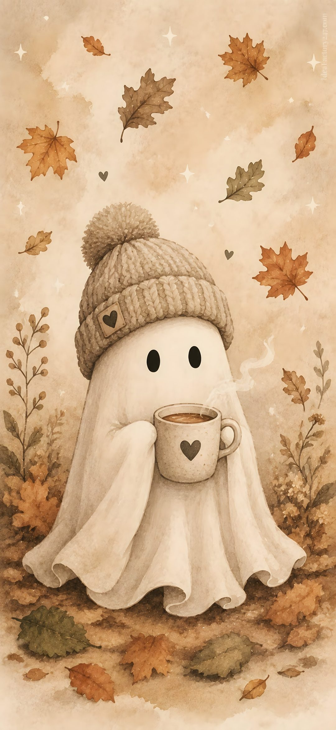 a painting of a snowman with a cup of coffee in his hand and falling leaves around him Halloween Ghost Iphone burlywood