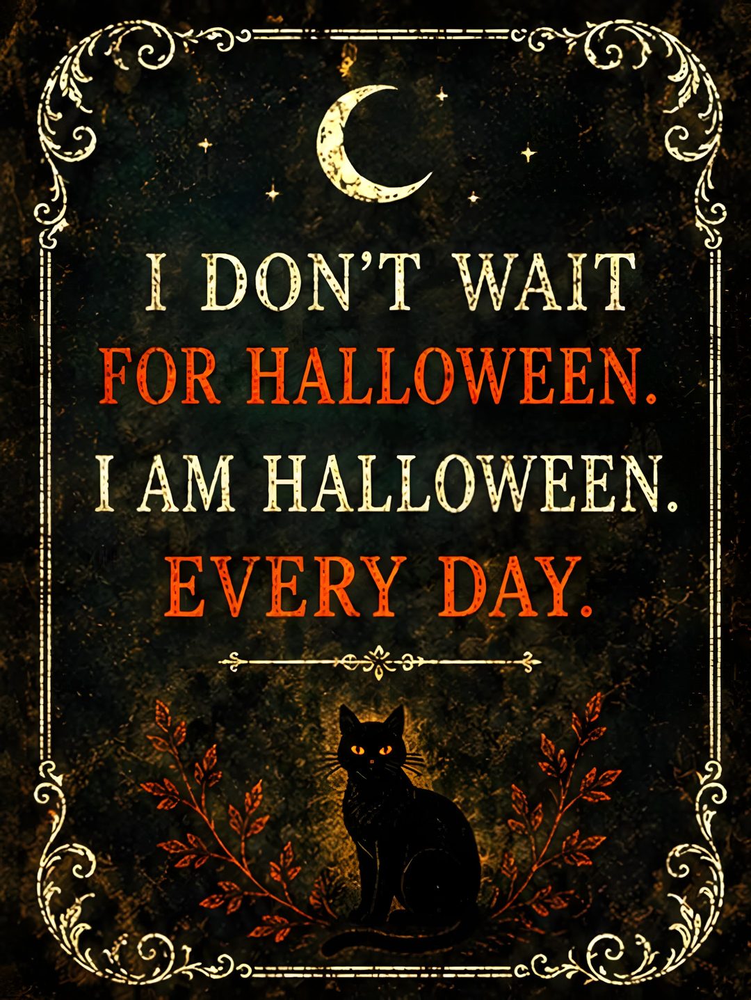 a black cat sitting on top of a table next to a sign that says i don't wait for halloween Halloween Quotes black