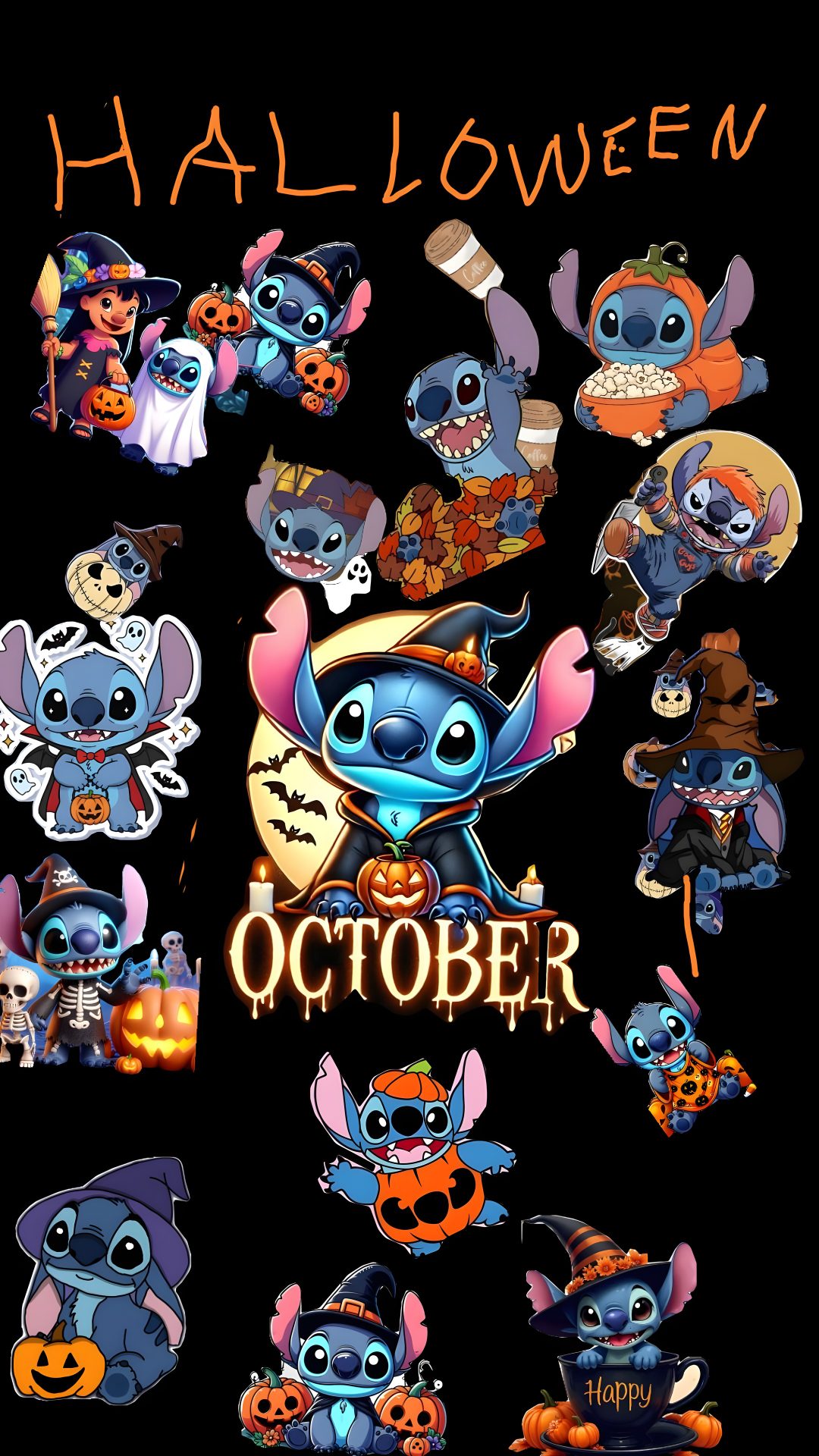 the poster for halloween is shown with many different characters on it's black background Cute Stitch And Angel Halloween Halloween, black