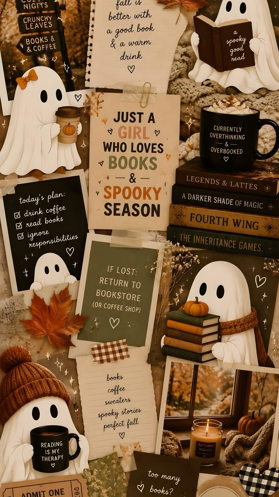 halloween greeting cards with ghost reading books and coffee mugs on them, surrounded by fall leaves Bookish Halloween sienna