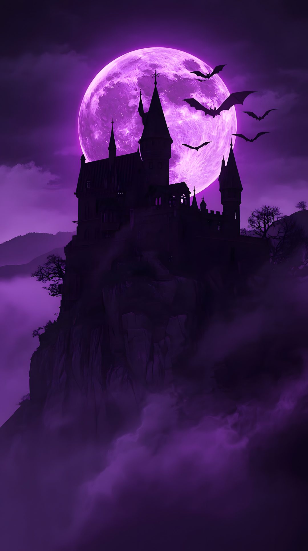 a castle on top of a hill with bats flying over it Purple Halloween 4k midnight blue