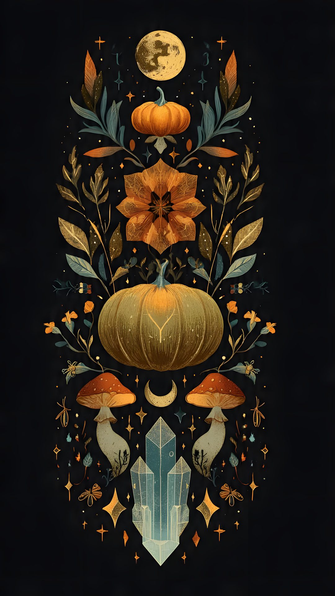 an artistic illustration of pumpkins, leaves and other things on a black background with the moon in the distance Pagan Halloween Pattern, black