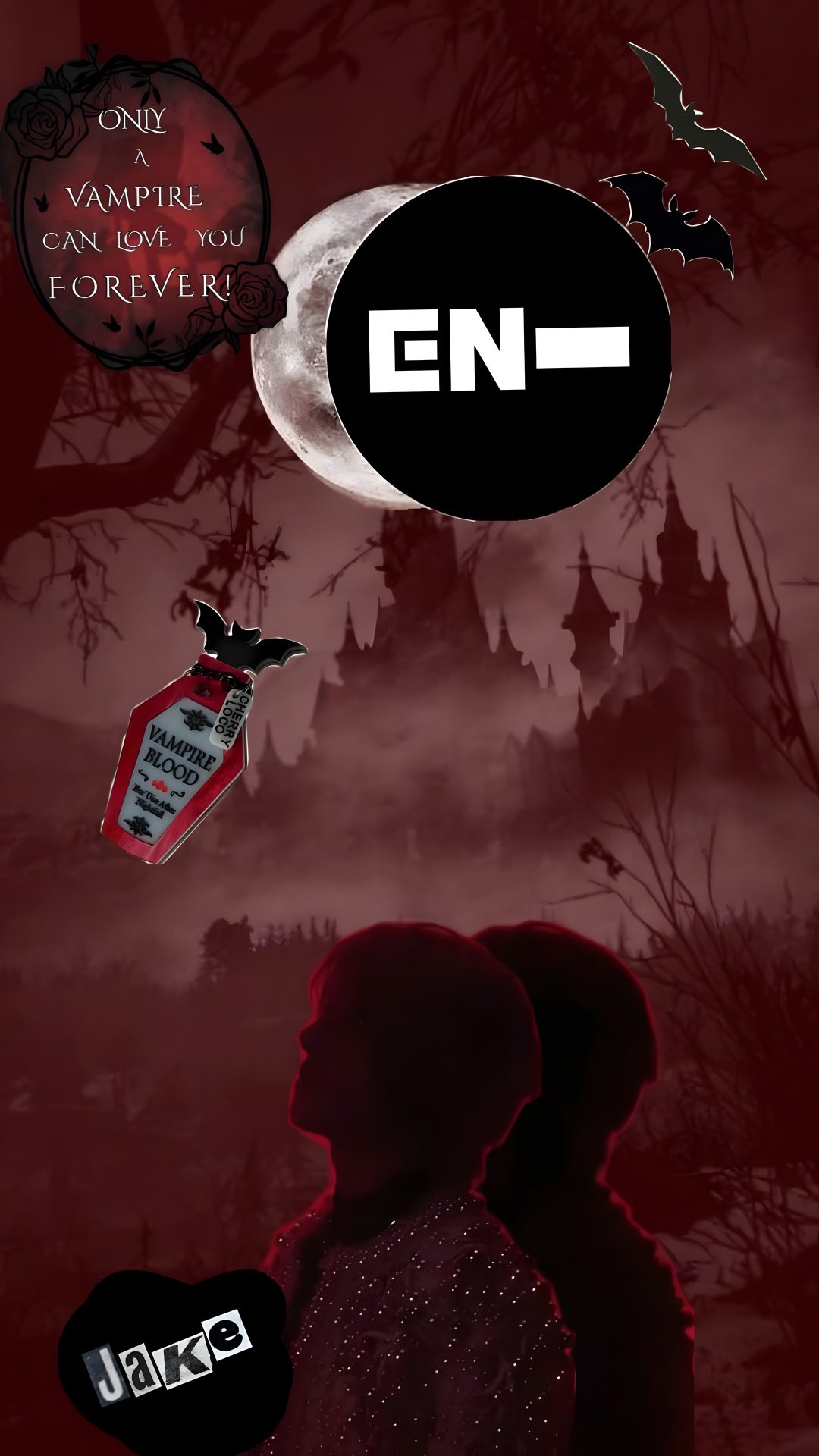 an image of a person in front of a full moon with the words en above it Enhypen Halloween black