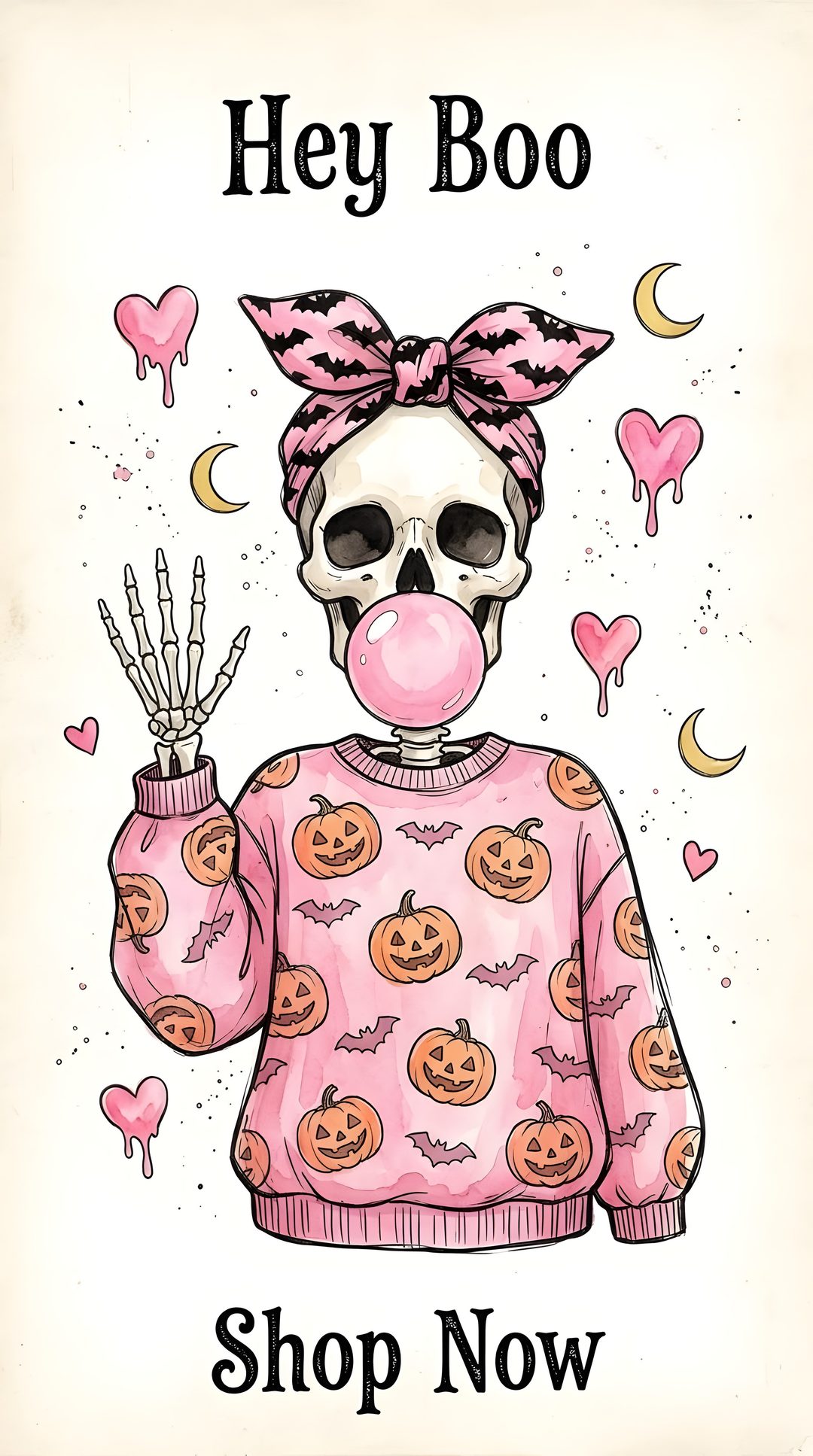 a drawing of a skeleton wearing a pink sweater with pumpkins on it and the words hey boo shop now Pink Halloween Skeleton floral white