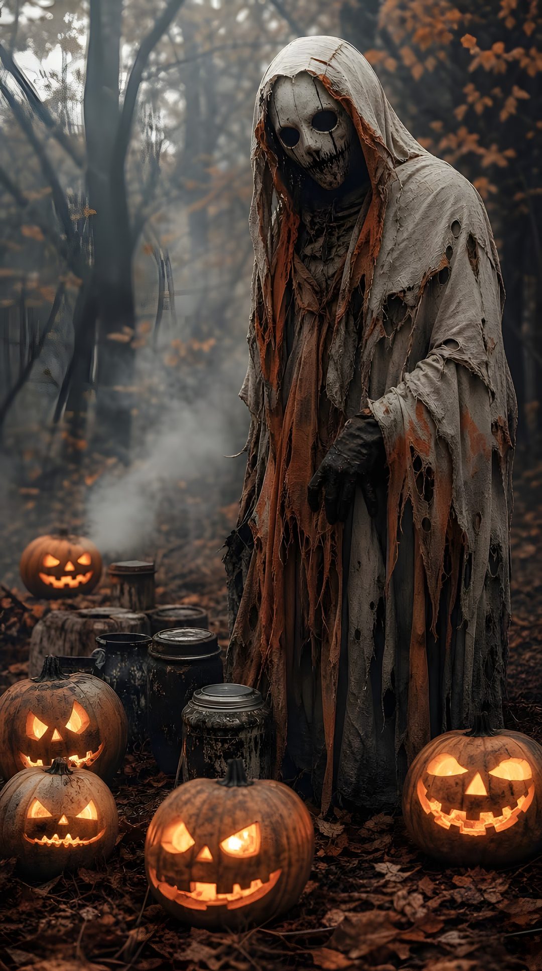 a scary scarecrow standing in the woods with carved pumpkins Old Scary Horror Halloween dark slate gray
