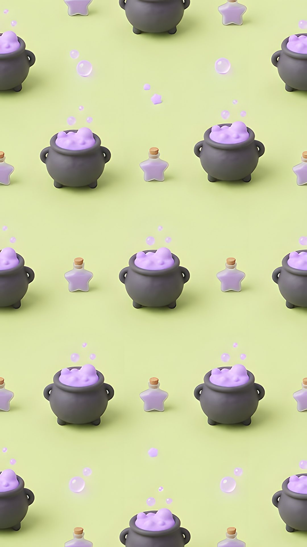 many pots and pans are shown with bubbles coming out of the top one, on a pastel green background Halloween Magic Potions Light Greysmall pale goldenrod
