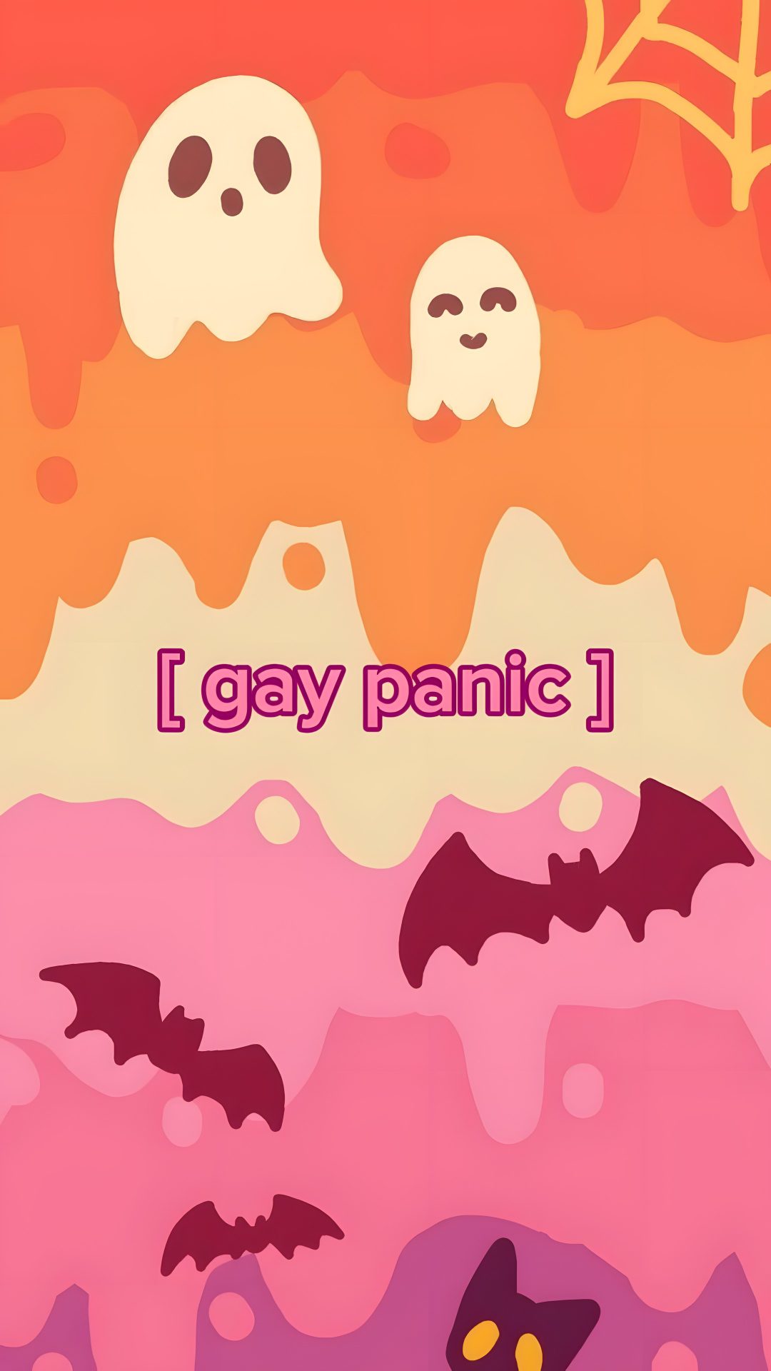 an image of halloween greeting card with ghostes and pumpkins on the background, i gay panic Lgbtq Halloween light coral