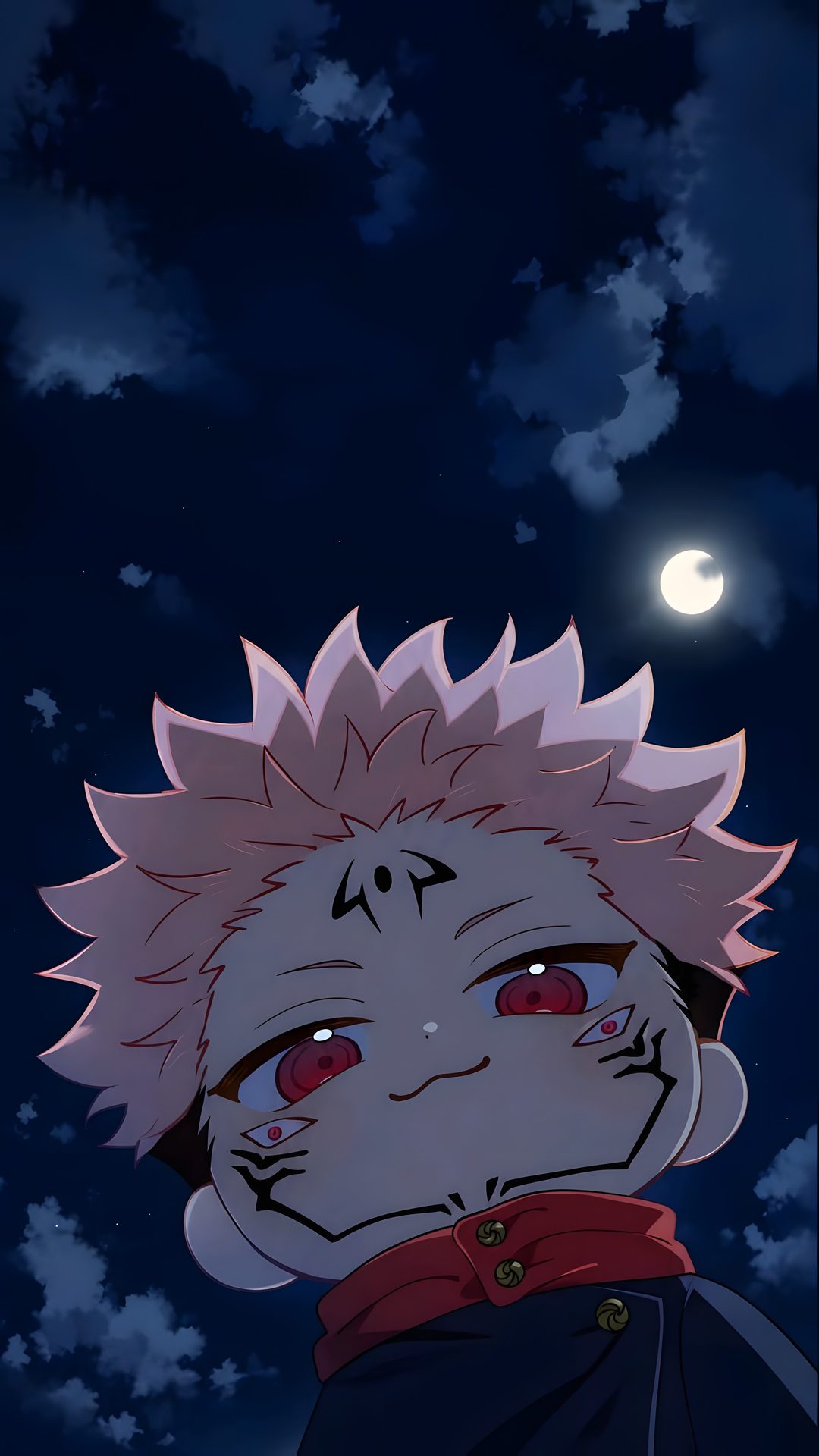 an anime character with red eyes staring at the moon Sukuna Halloween Fan, black